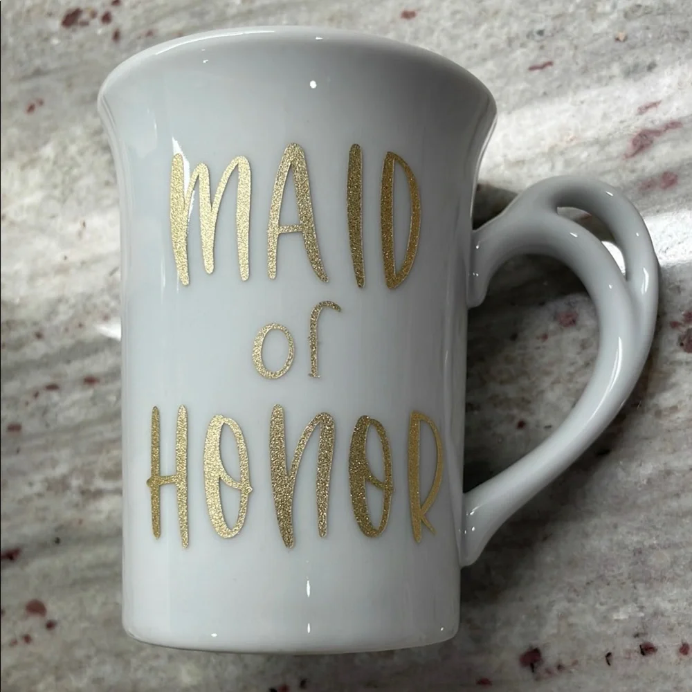 Pier 1 Maid of Honor White and Gold Ceramic Mug